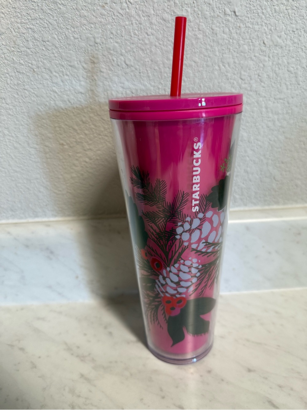 Starbucks Hot Pink Holiday Pinecone Tumbler with Straw